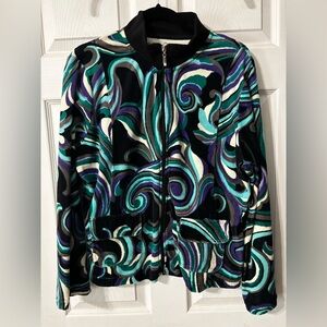Zippered Jacket  Black Teal Purple Velour Onque Casuals Size XL Abstract EUC